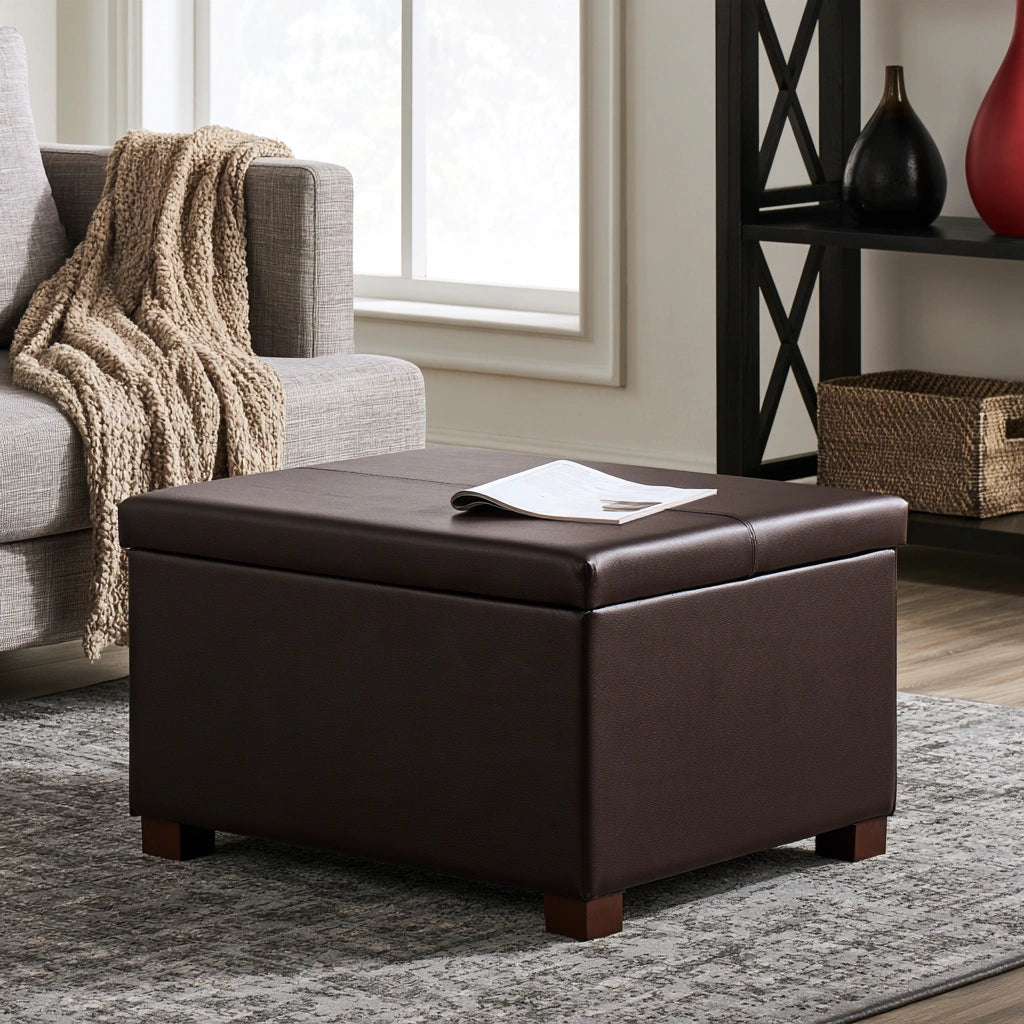 Banc coffre rembourré aux lignes épurées, coloris brun foncé
